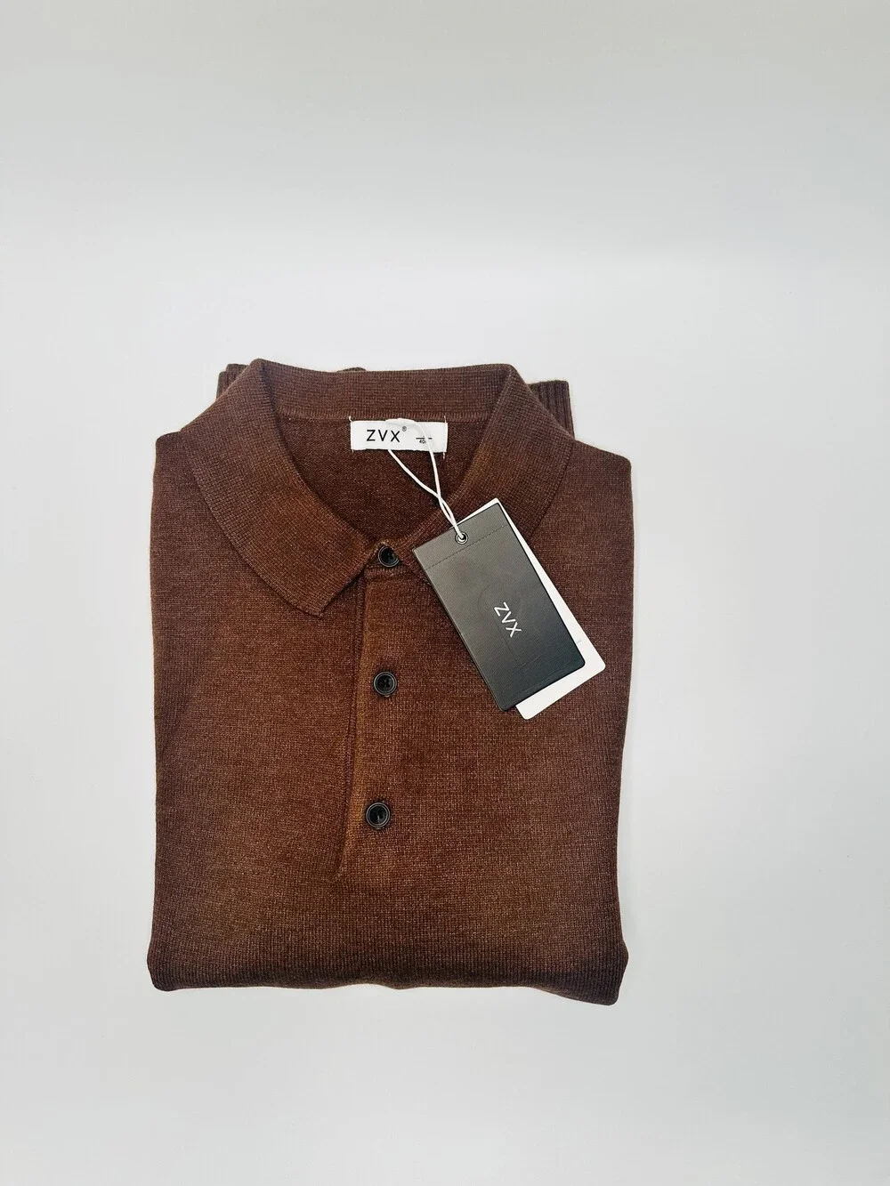 Men's Coffee Brown Knit Polo Sweater Long Sleeve 3 Button Collared Pullover